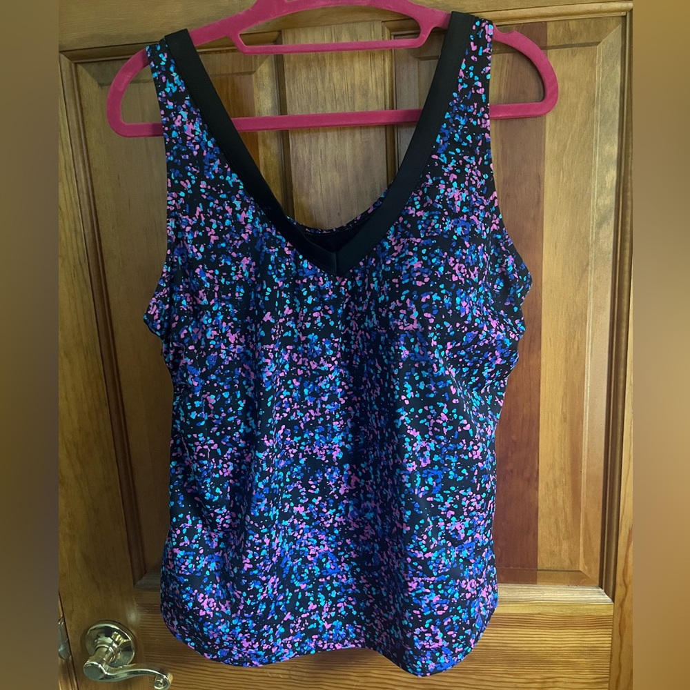 Vibrant Floral V-Neck Tankini Top - Black Purple, Pink and Teal